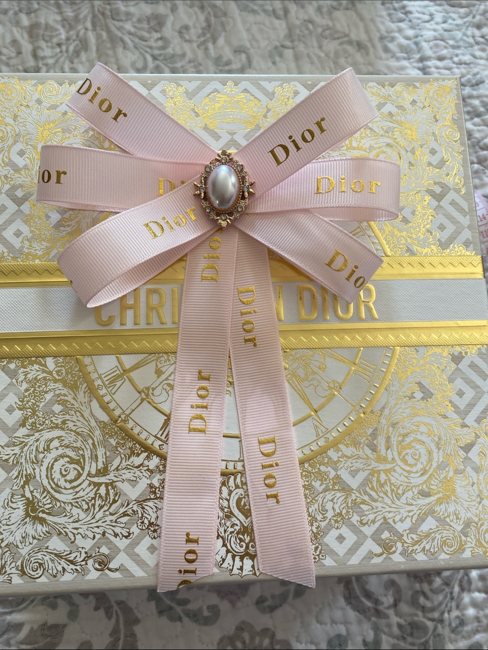 Dior Pale Pink Ribbon Brooch with Pearl Accent HairClip